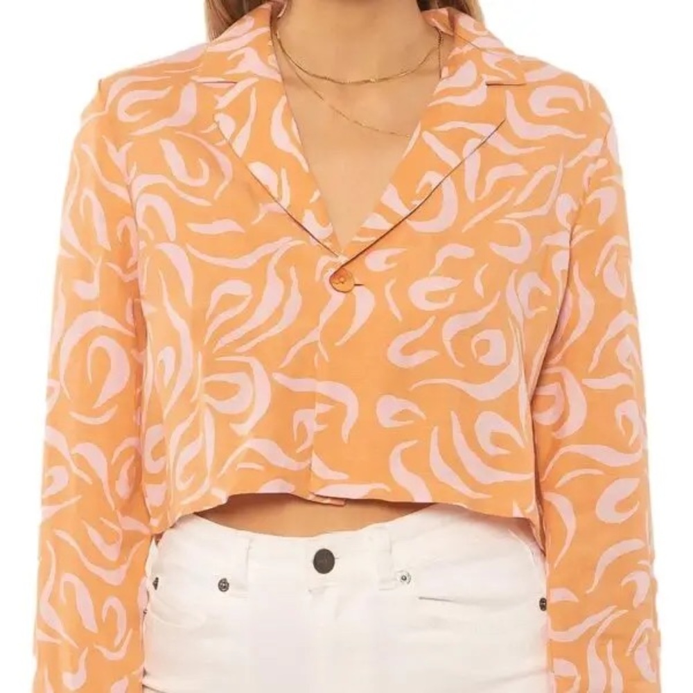 Amuse Society Womens XS Orange Pink Swirl Cropped Linen Blend Button Front Shirt